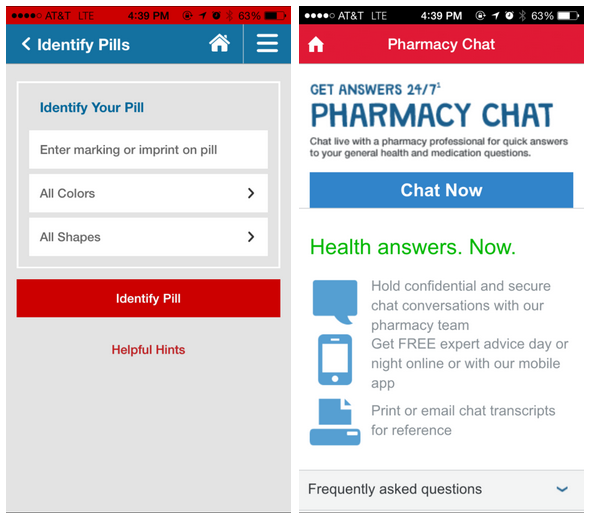 Identifying pills on CVS's app, left, and Walgreen's pharmacy chat.