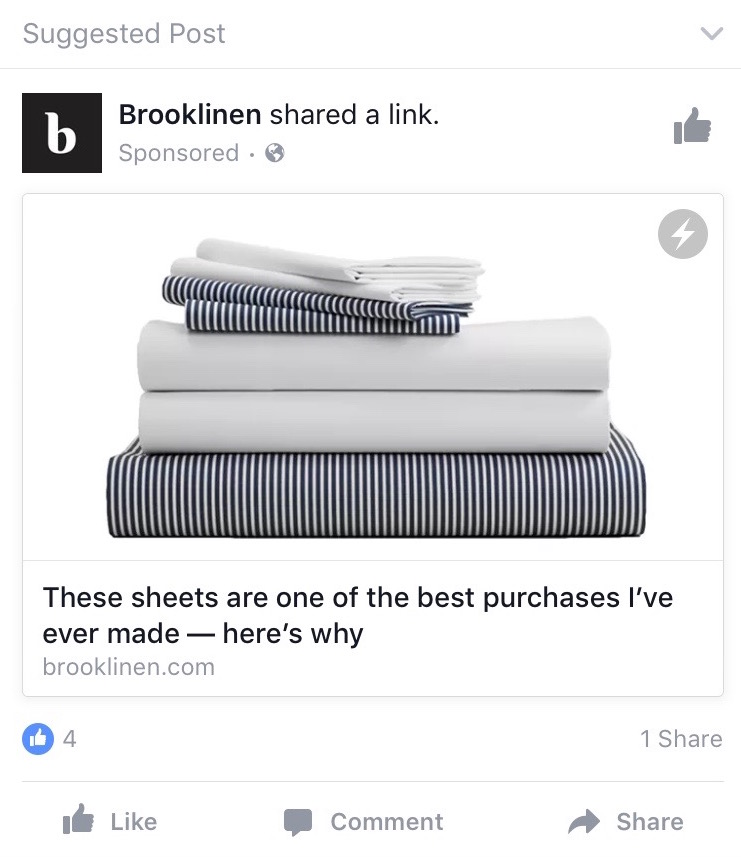 Brooklinen's Facebook ad 