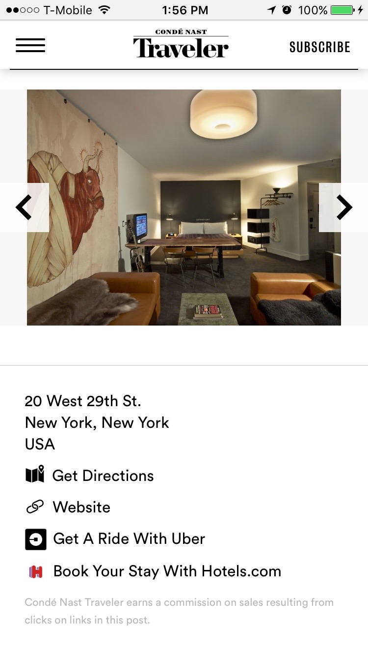 The hotel page features Uber and Hotels.com buttons that let readers book a car or stay.