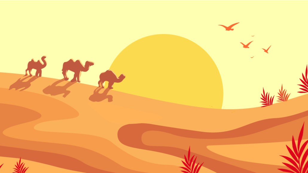 Illustration of camels walking in a desert.