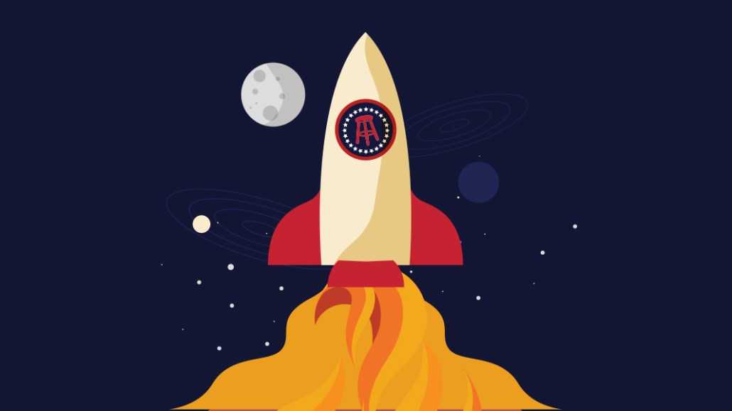 The header image shows an illustration of a rocket ship with a barstool on it flying into space.