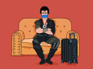 The header shows a person in a mask sitting on a couch.