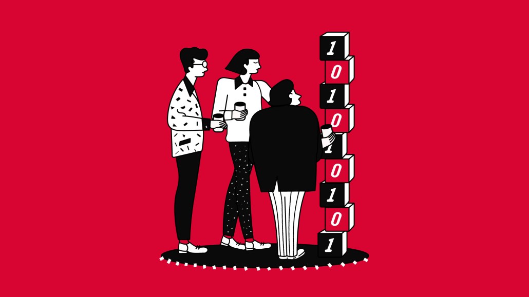The lead image shows an illustration of three people stacking blocks that have ones and zeros on them.