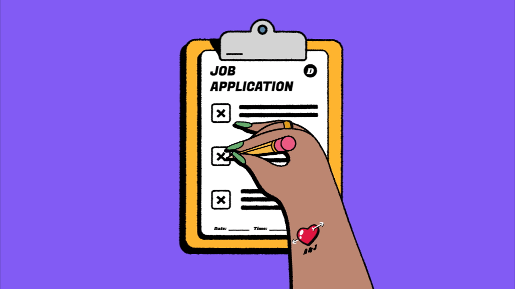Animation of different skin toned hands filling out a job application.