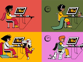 Illustration of four different people working at their desks.