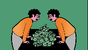Illustration of two people talking over a pile of money.