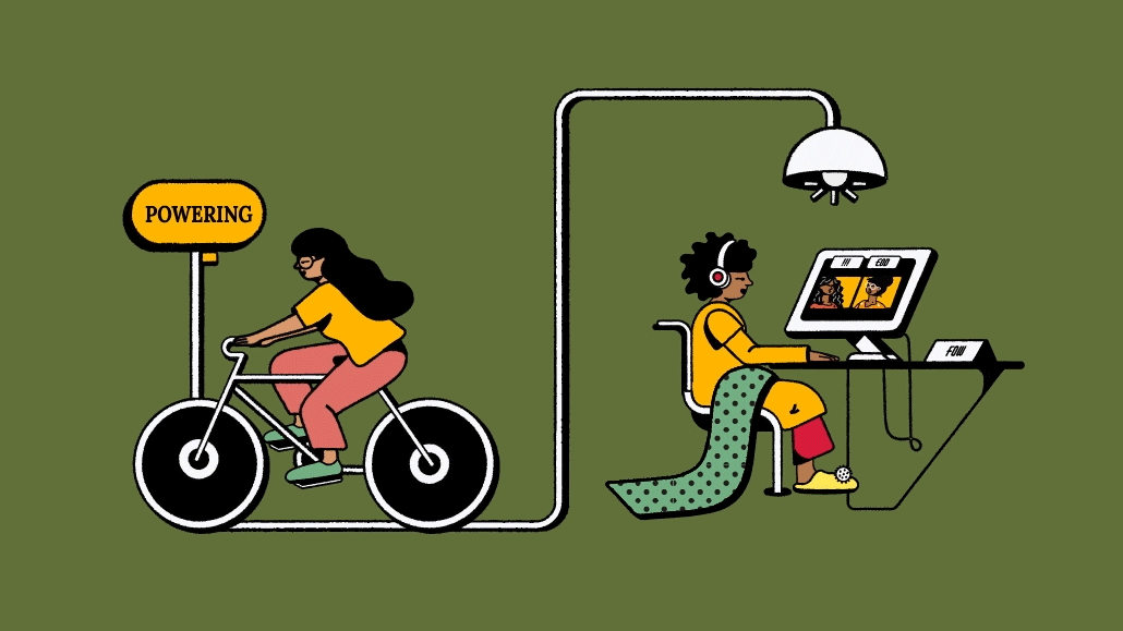 Illustration of a person riding a bike and generating electricity for another person who is on their computer.