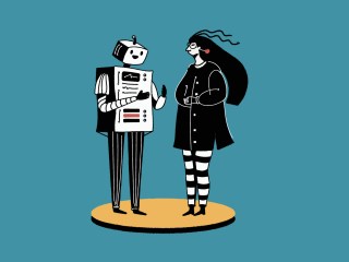 Illustration of a robot talking to a person.