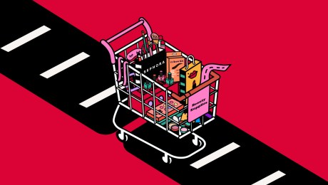 Illustration of a shopping cart on a conveyor belt.