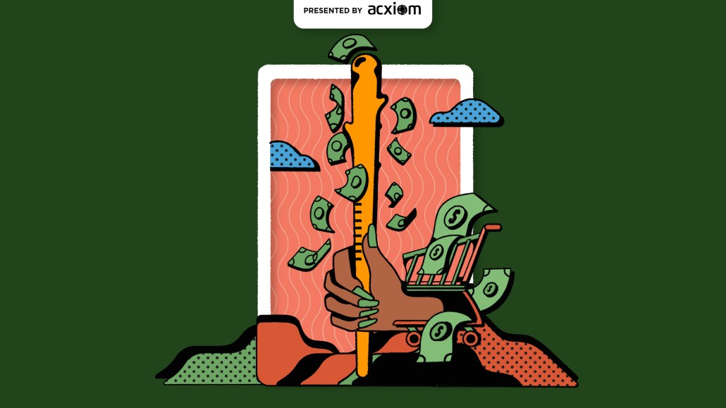 Green and pink tarot card with stick and money