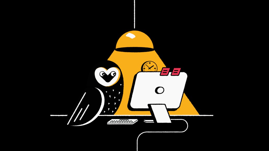 Illustration of an owl in front of a computer with a lightbulb beaming down.