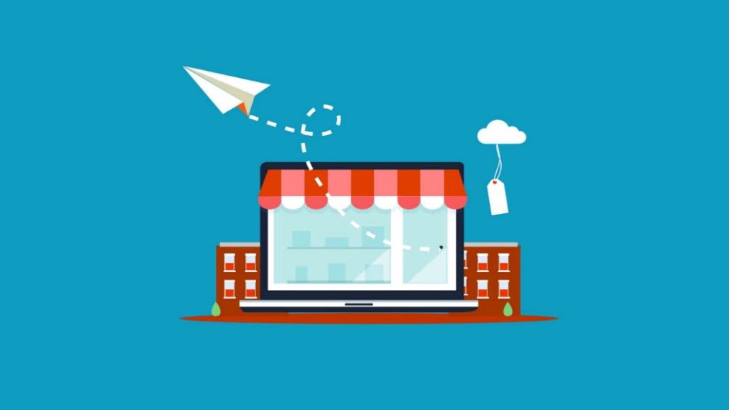 The header image features an illustration of a storefront on a computer screen with a paper plane flying out of it.