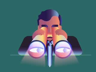 The header image shows an illustration of a man looking through binoculars.