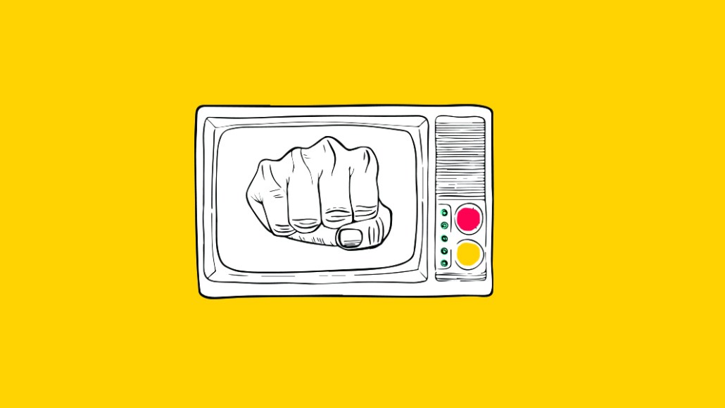 The lead image features an illustration of a fist in a TV.