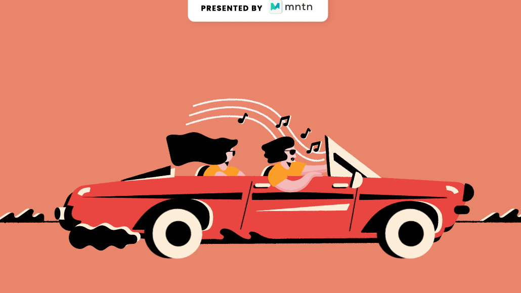 Illustration of people in a car listening to music passing by a sign that says 'Buy!'