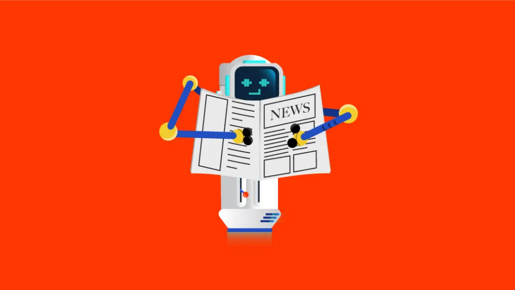 The header image shows a robot hugging a newspaper.