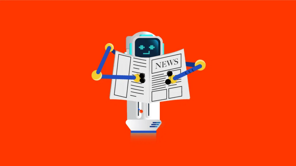 The header image shows a robot hugging a newspaper.