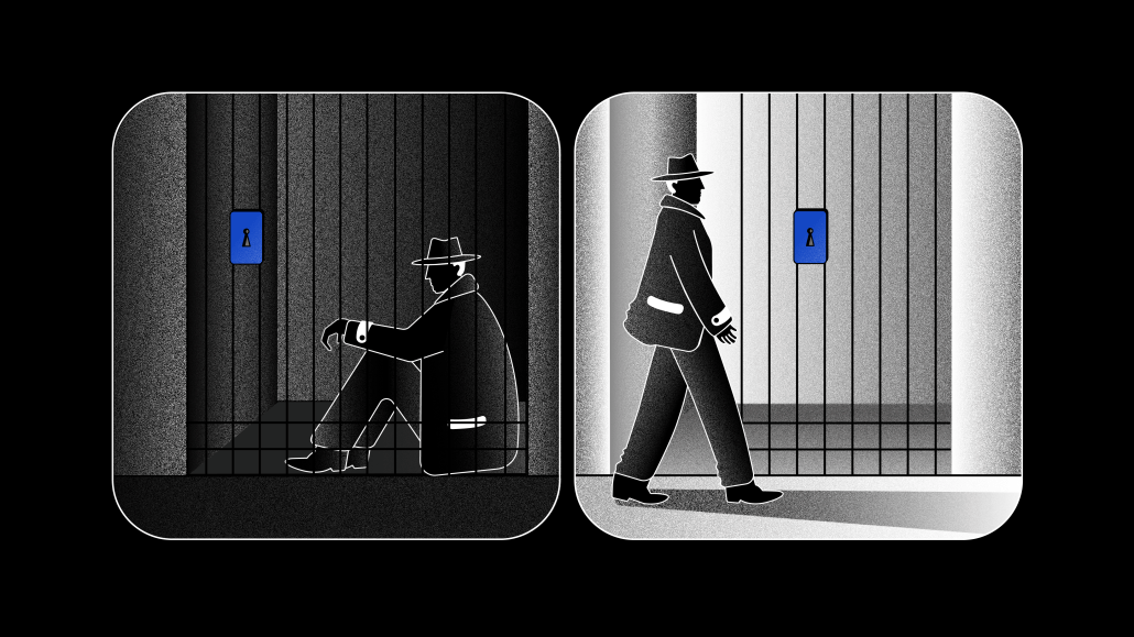 Illustration of one person sitting in the dark and the other side of a person walking in the light.