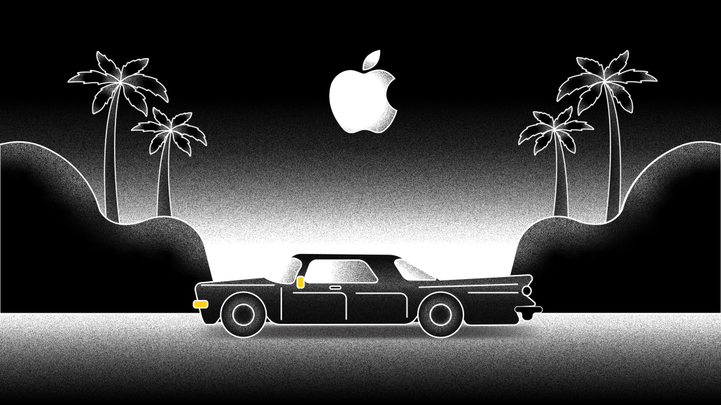 Black and white illustration of a car driving under a moon, which has been replaced with the Apple logo.