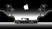 Black and white illustration of a car driving under a moon, which has been replaced with the Apple logo.