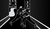 Illustration of two men fighting in an alleyway.