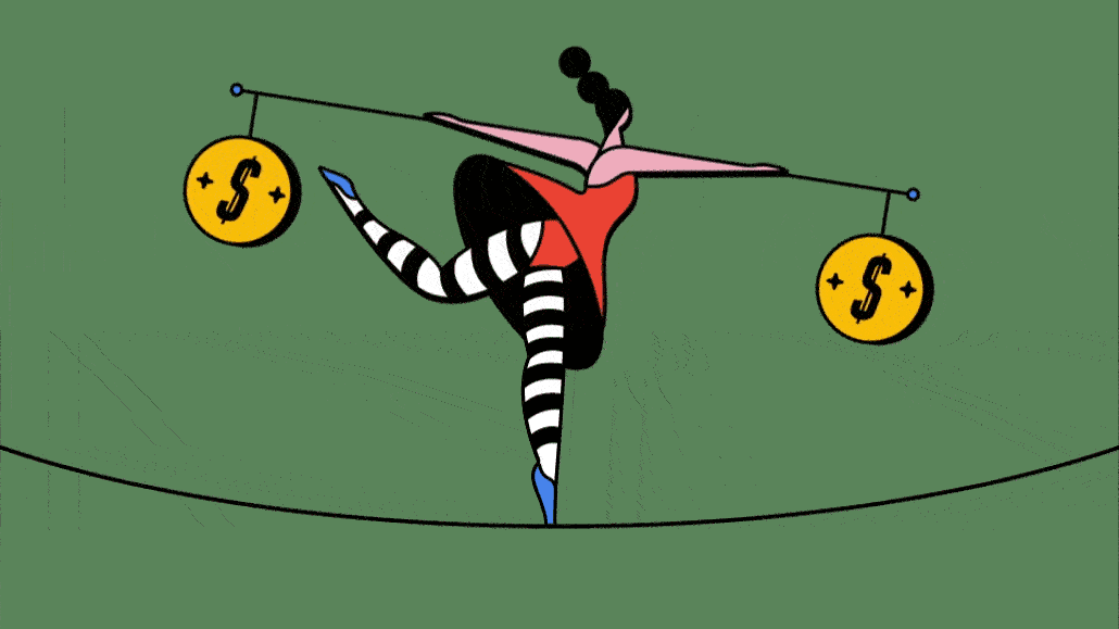 a woman walking on a tight rope balance bars with spinning coins