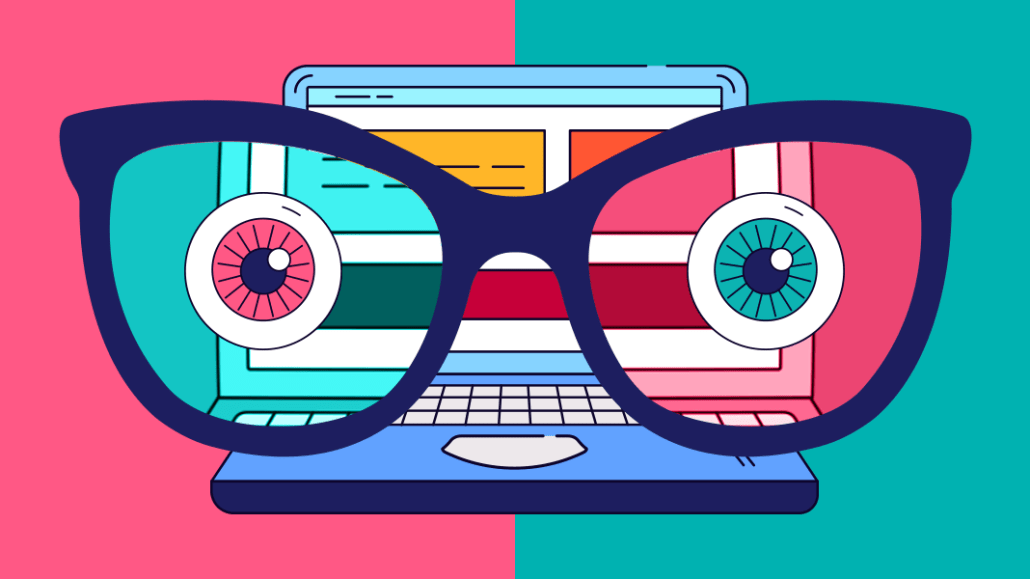 illustration of glasses with eyes in front of a laptop