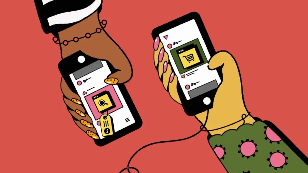 Graphic on a red background showing two hands holding smartphones with shopping cart icons, symbolizing retail media networks harnessing B2B and B2C data to drive consumer shopping.