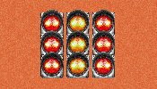 GIF of three traffic lights blinking in different orders, symbolizing real-time traffic shaping and optimization in programmatic advertising
