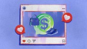 Illustration of a social media post with hearts, showing a chat bubble with a dollar sign, purse, and shoe, representing how creators use automated marketing tools to monetize content.
