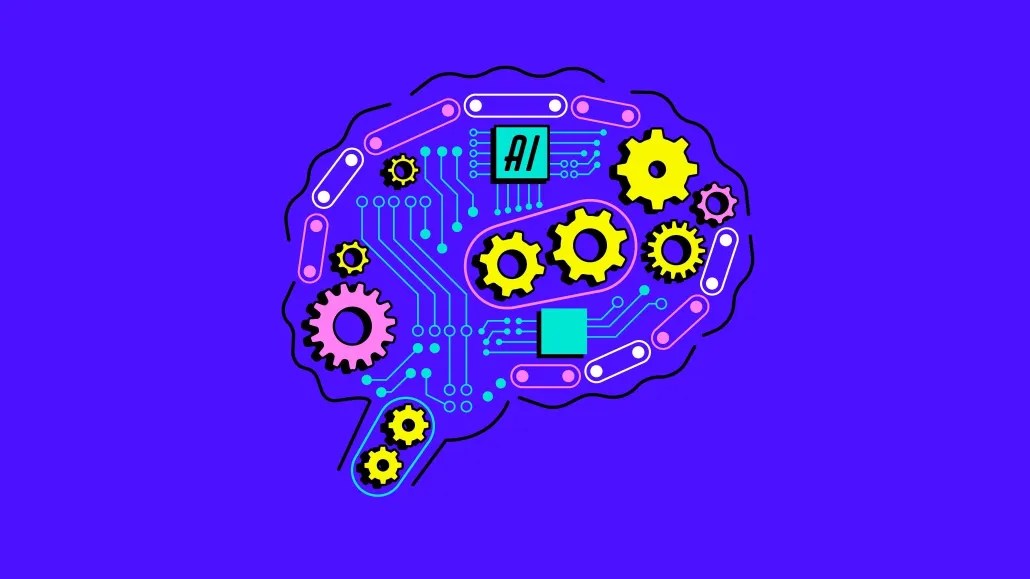 Illustration of a brain made of circuits and gears representing AI-powered neuro-contextual ad targeting technology.