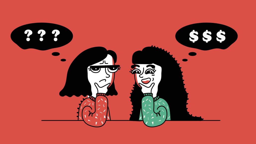 The lead image shows two women discussing money