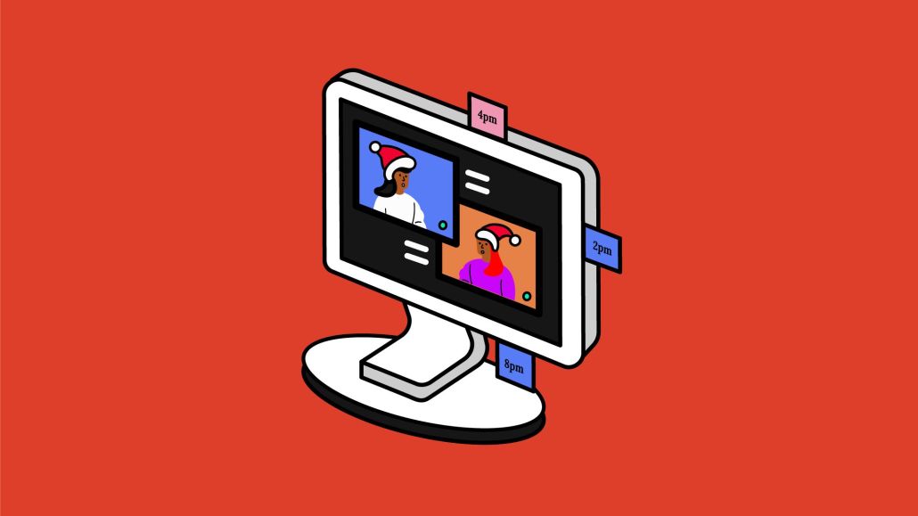 Illustration of two people in Christmas hats having a conversation on a computer.