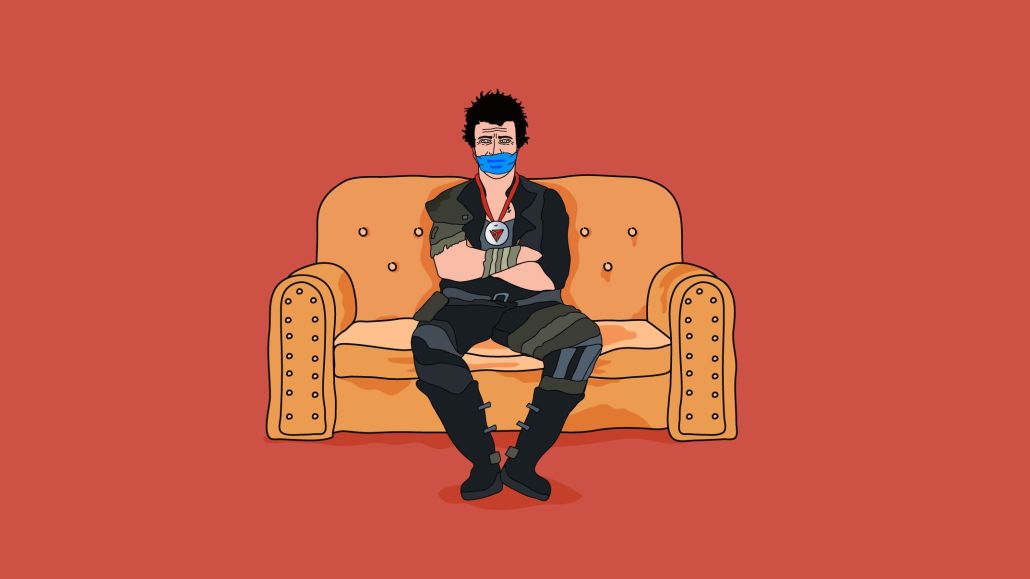 Illustration of man wearing a mask sitting on a couch.