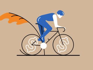 Illustration of a person on a bicycle with dollar signs as the spokes.