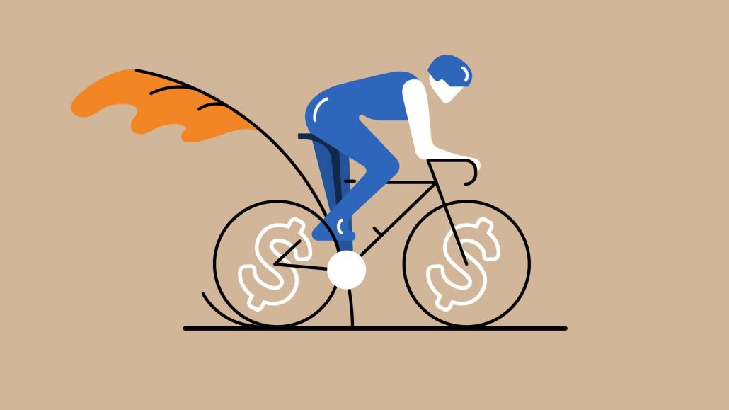 Illustration of a person on a bicycle with dollar signs as the spokes.