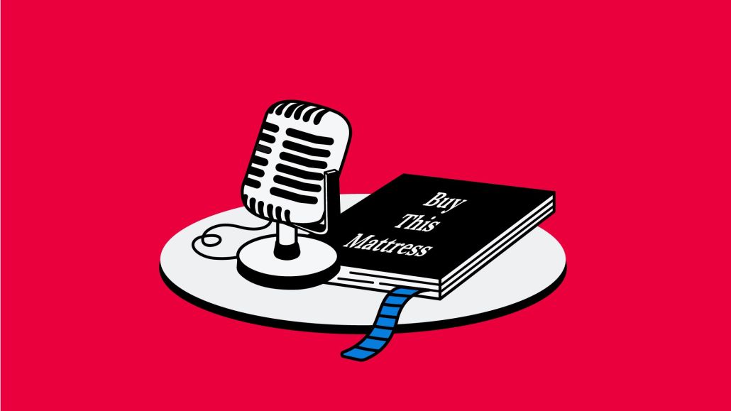 Illustration of a microphone next to a book that says 'Buy This Mattress.'