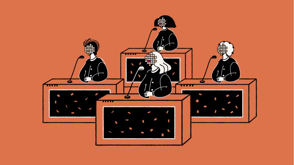 Four people sitting at tables speaking into microphones. An illustrated depiction of a congressional meeting.