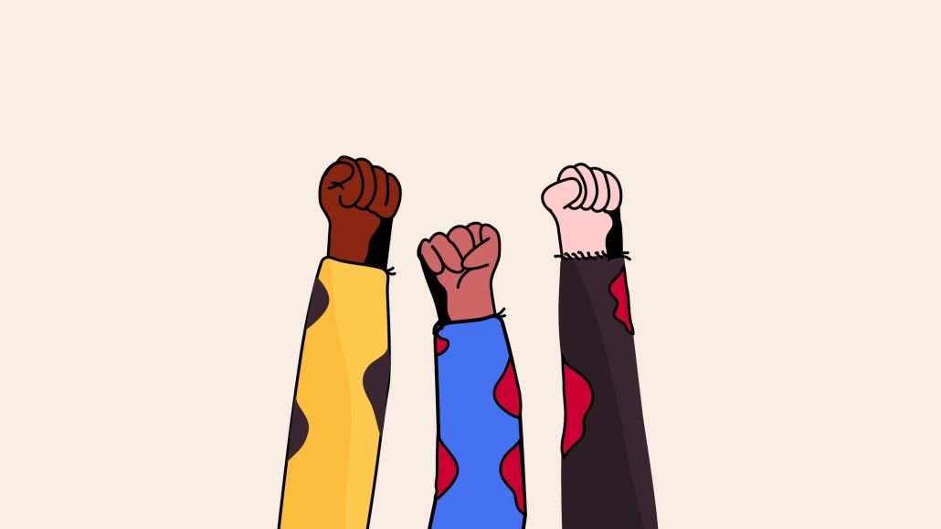 Illustration of 3 fists raised into the air in protest.