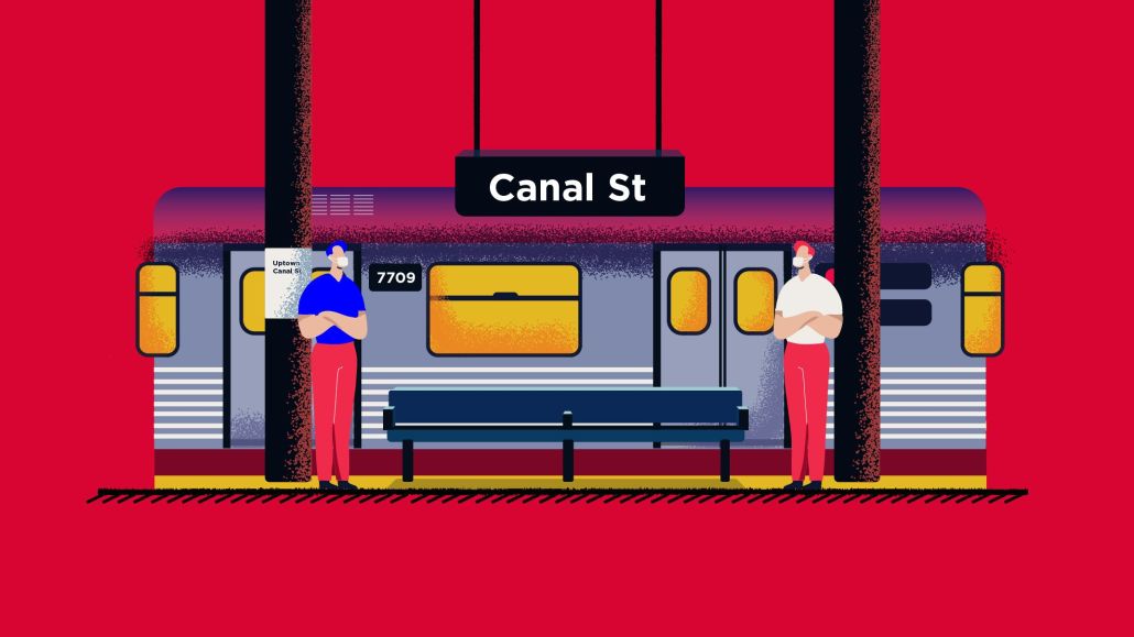 Illustration of a subway train in NYC stopped at Canal Street.