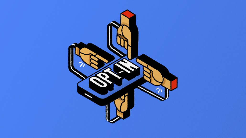 Illustration of fingers pointed to an "opt-in" object.